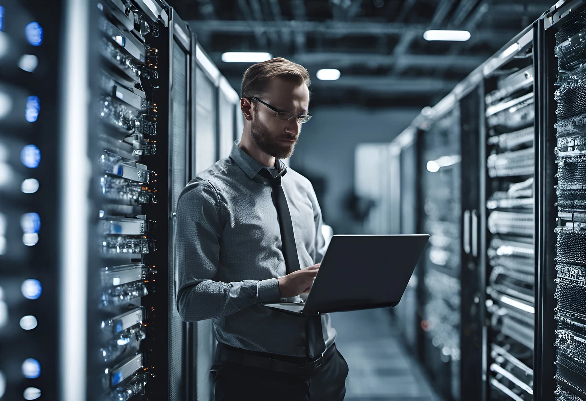 A man is standing in front of a server and working on his laptop.